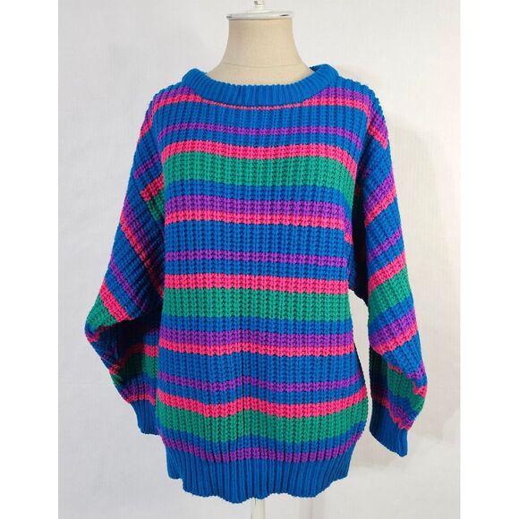 Vintage 90's Sweater Size Medium Bold Stripes By Checkmate Acrylic Knit Crewneck - Picture 1 of 11
